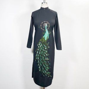 Vintage 1970s Handmade Traditional Ao Dai Sequin Peacock Tunic